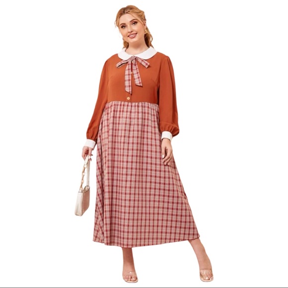 PussyBow Burnt Orange and Plaid Maxi Dress Sz 2x - Picture 1 of 11
